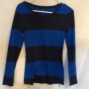 Striped royal and navy blue shirt.